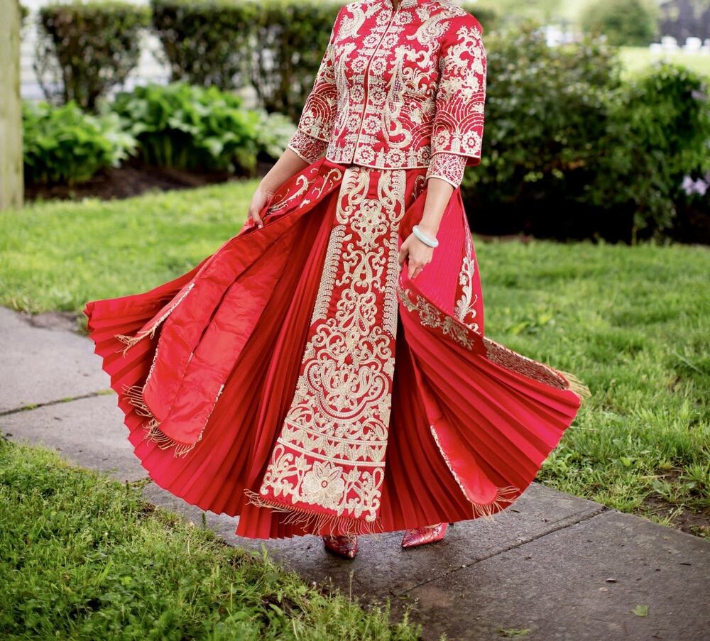 Chinese Wedding Tea Ceremony Traditional Kwa Dress Red Gold Sequin